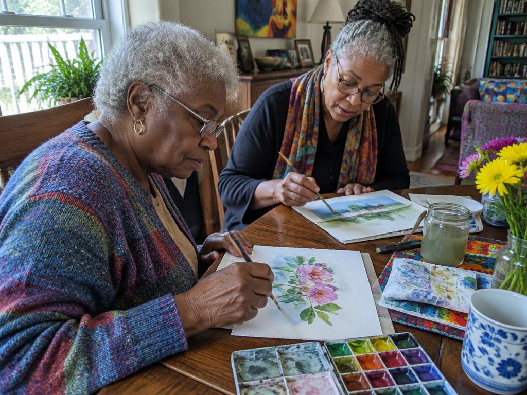 A senior woman painting watercolors with a teacher at her dining table
