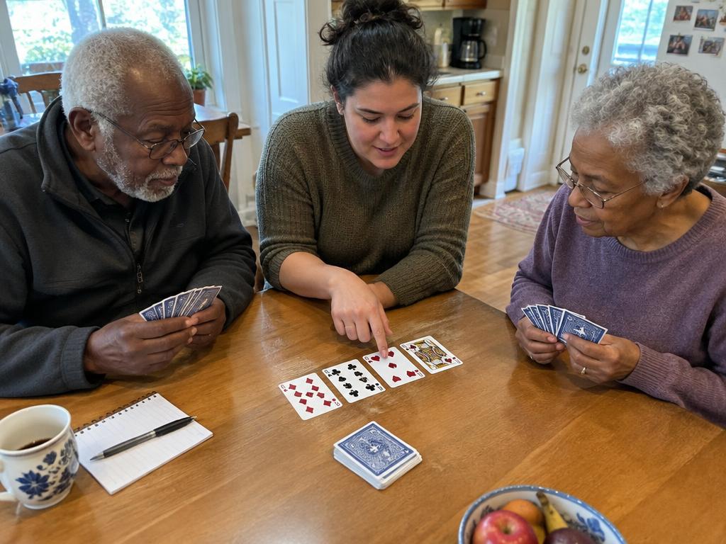 A senior couple learning a card game with a teacher at their kitchen table