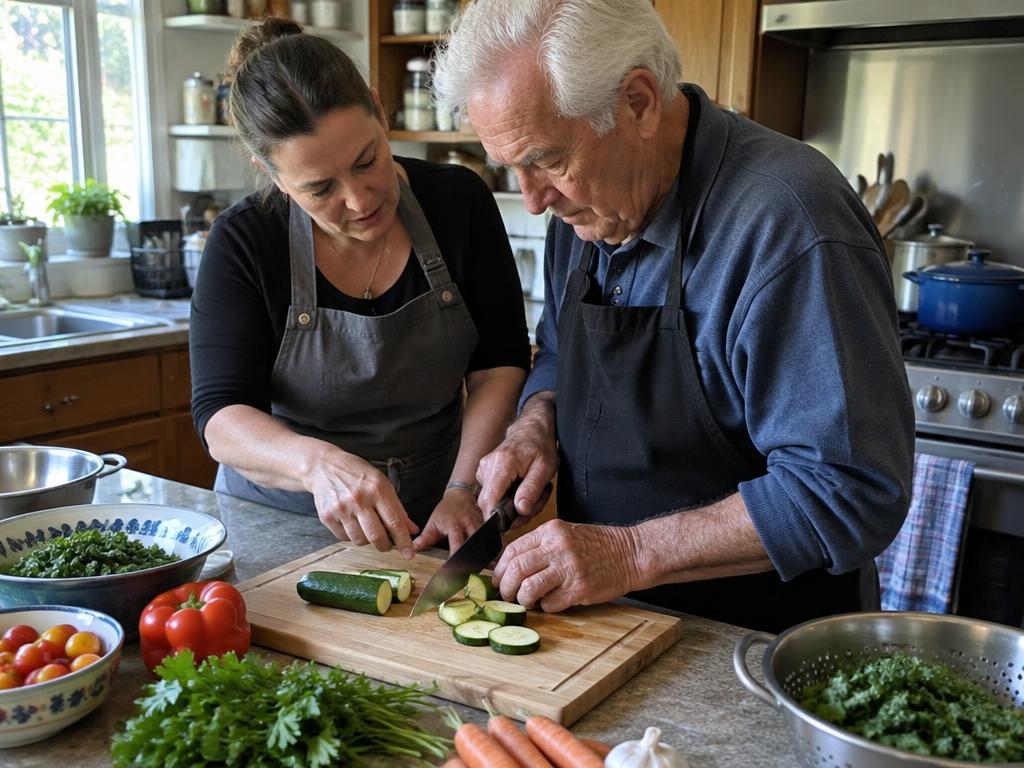 A senior man learning a knife grip from a cooking teacher at his kitchen counter