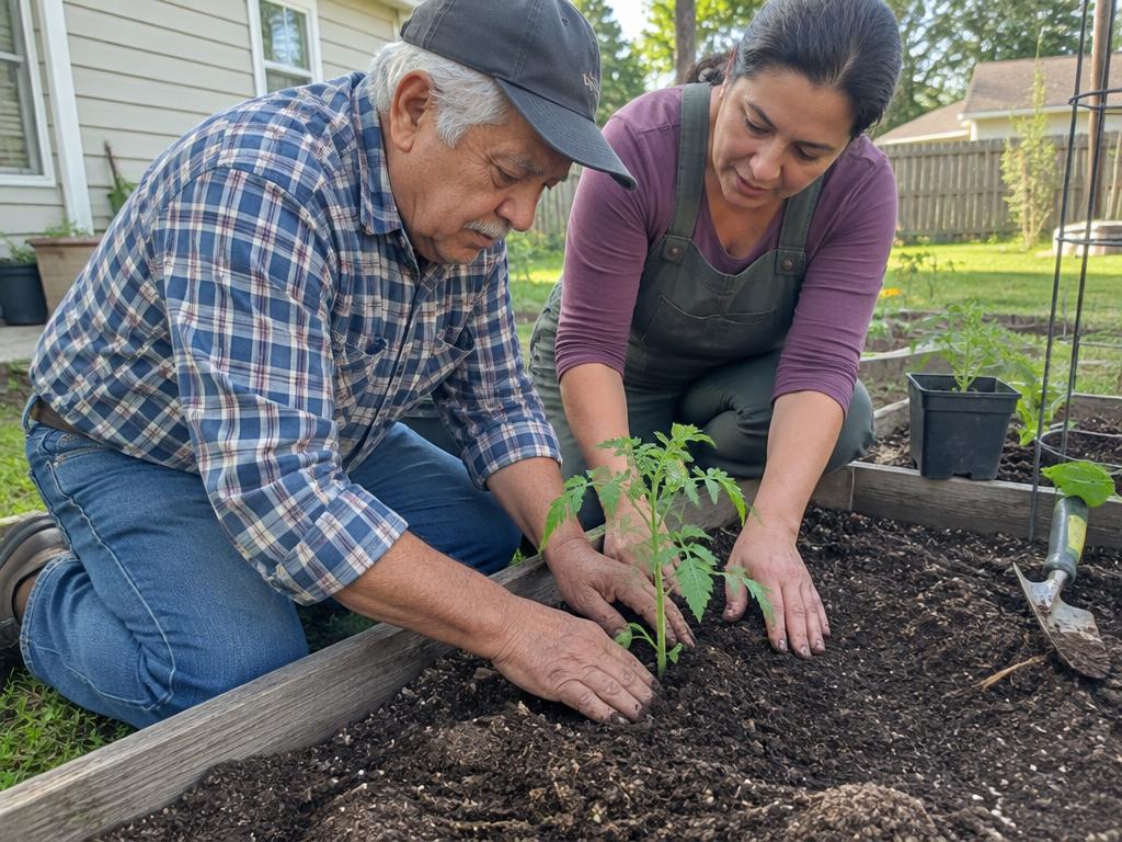 A senior man planting tomatoes with a gardening teacher in his backyard bed