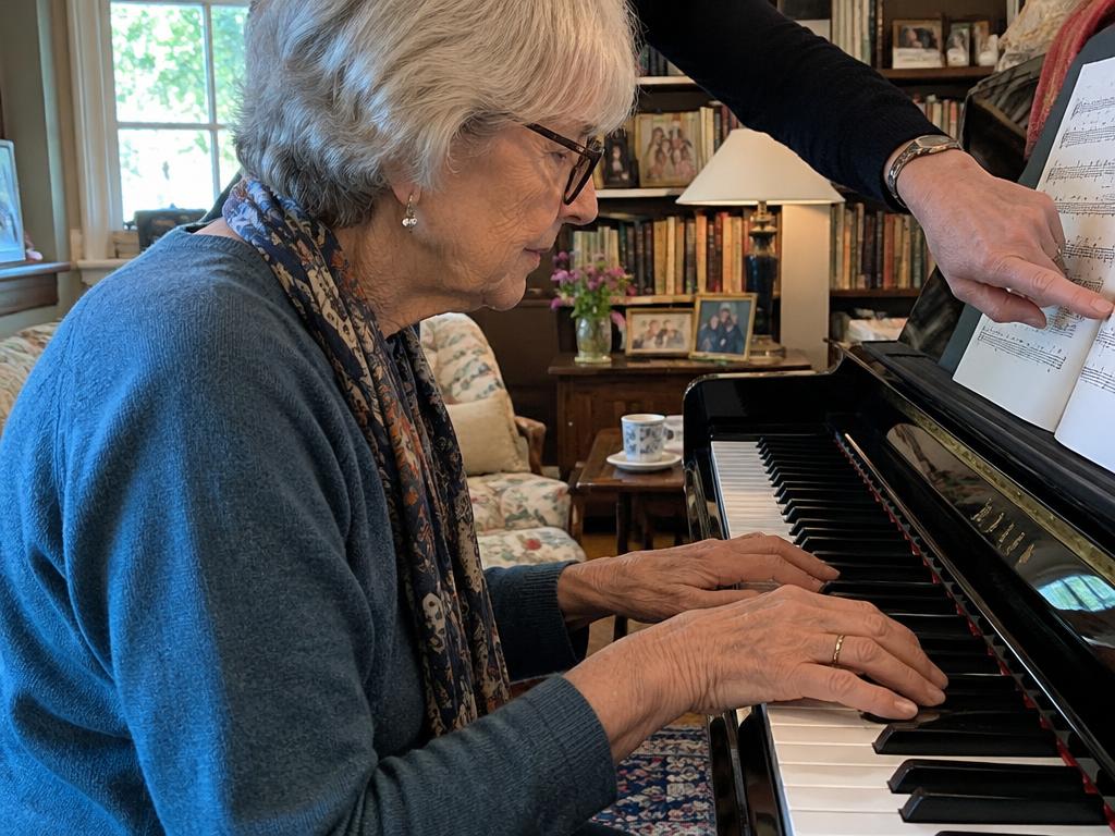 A senior woman practicing piano while a teacher points at the music in her living room