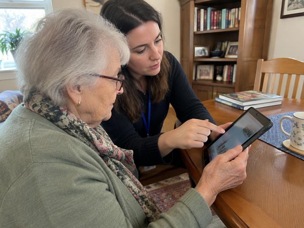 A senior woman holding a tablet while a teacher points at its screen at home