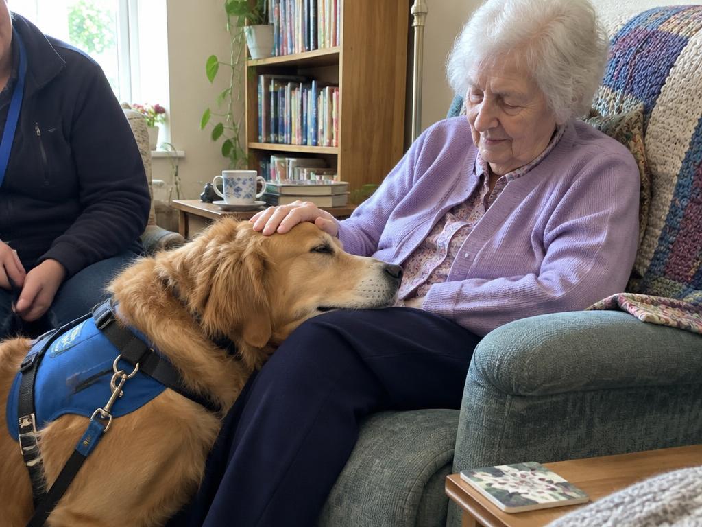 A therapy dog resting its head on a senior woman's lap in her home armchair