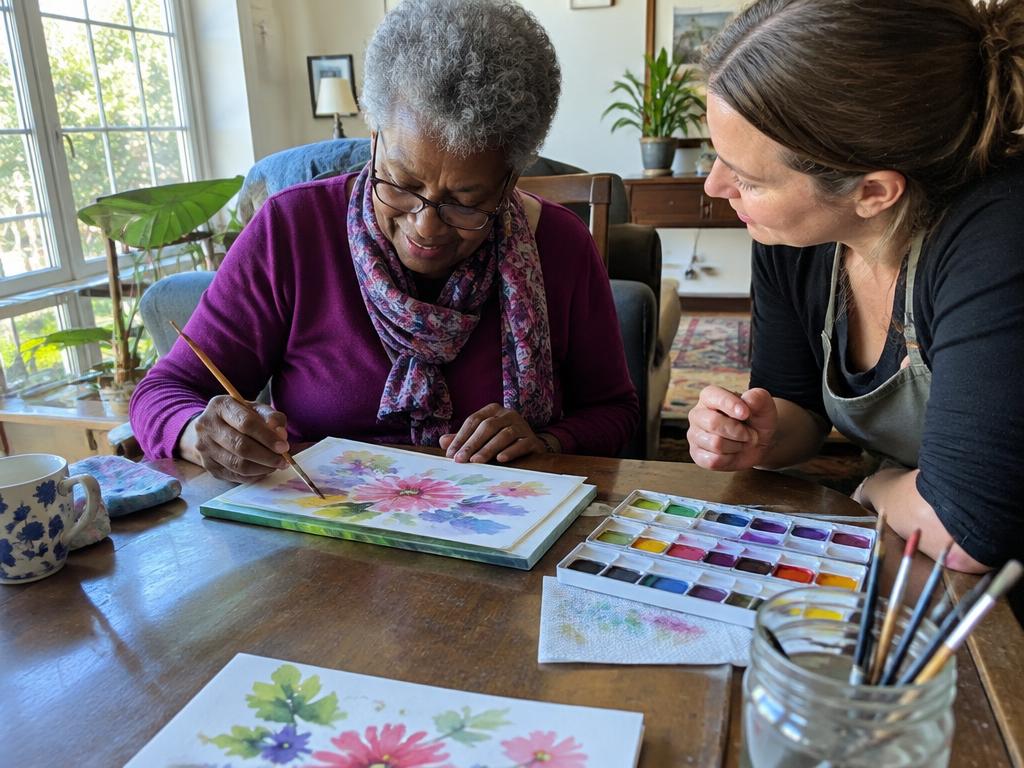 A senior woman learning watercolor painting at her home dining table
