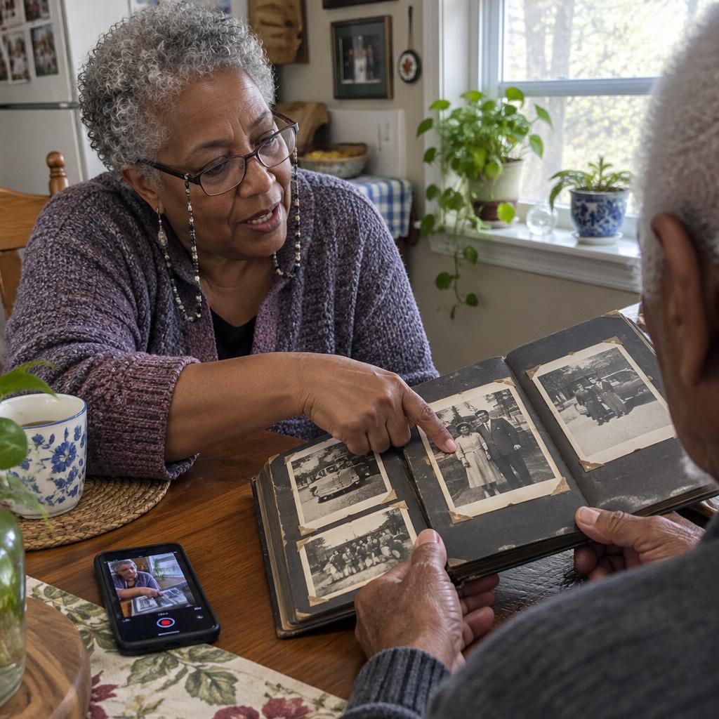 Ruth Okafor guiding a senior through family stories with old photos