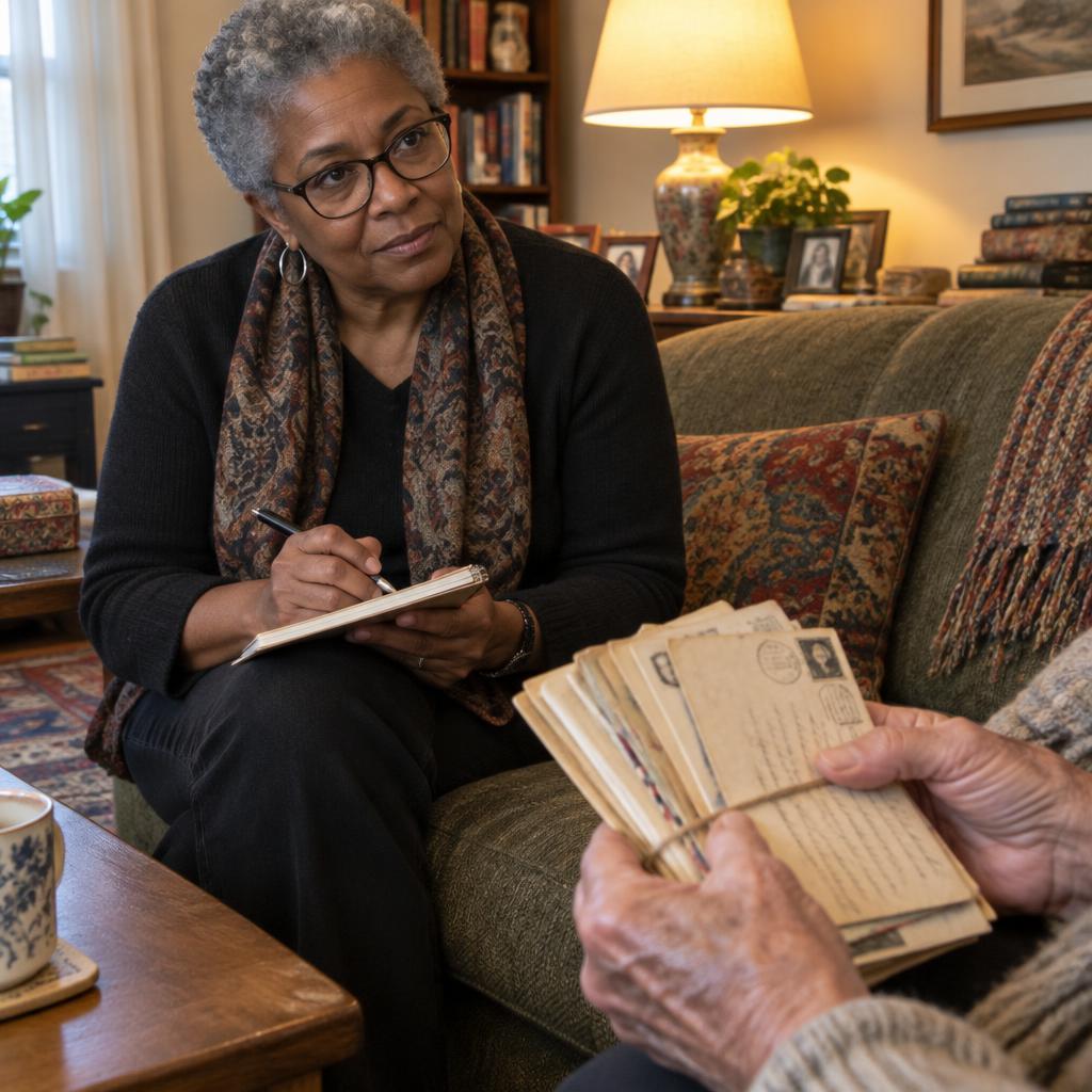 Ruth Okafor taking notes while a senior shares keepsakes during a storytelling visit