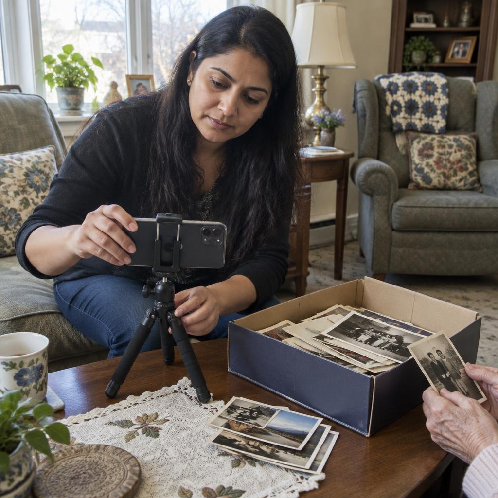 Priya Raman guiding a senior through family stories with old photos