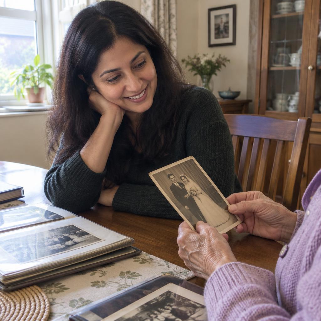 Priya Raman taking notes while a senior shares keepsakes during a storytelling visit