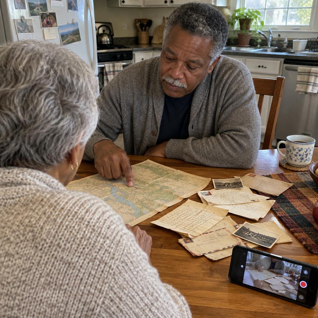 Marcus Bell guiding a senior through family stories with old photos