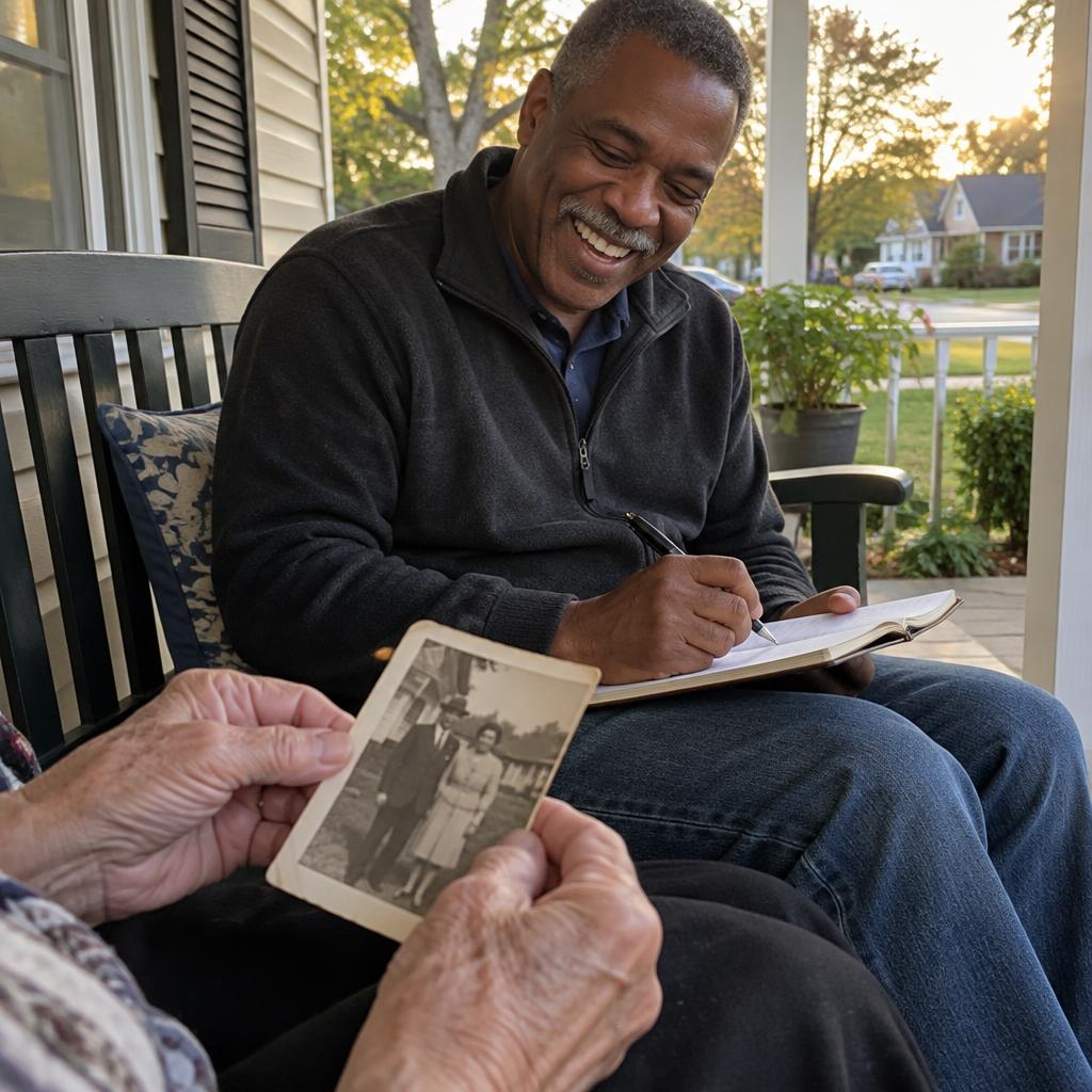 Marcus Bell taking notes while a senior shares keepsakes during a storytelling visit