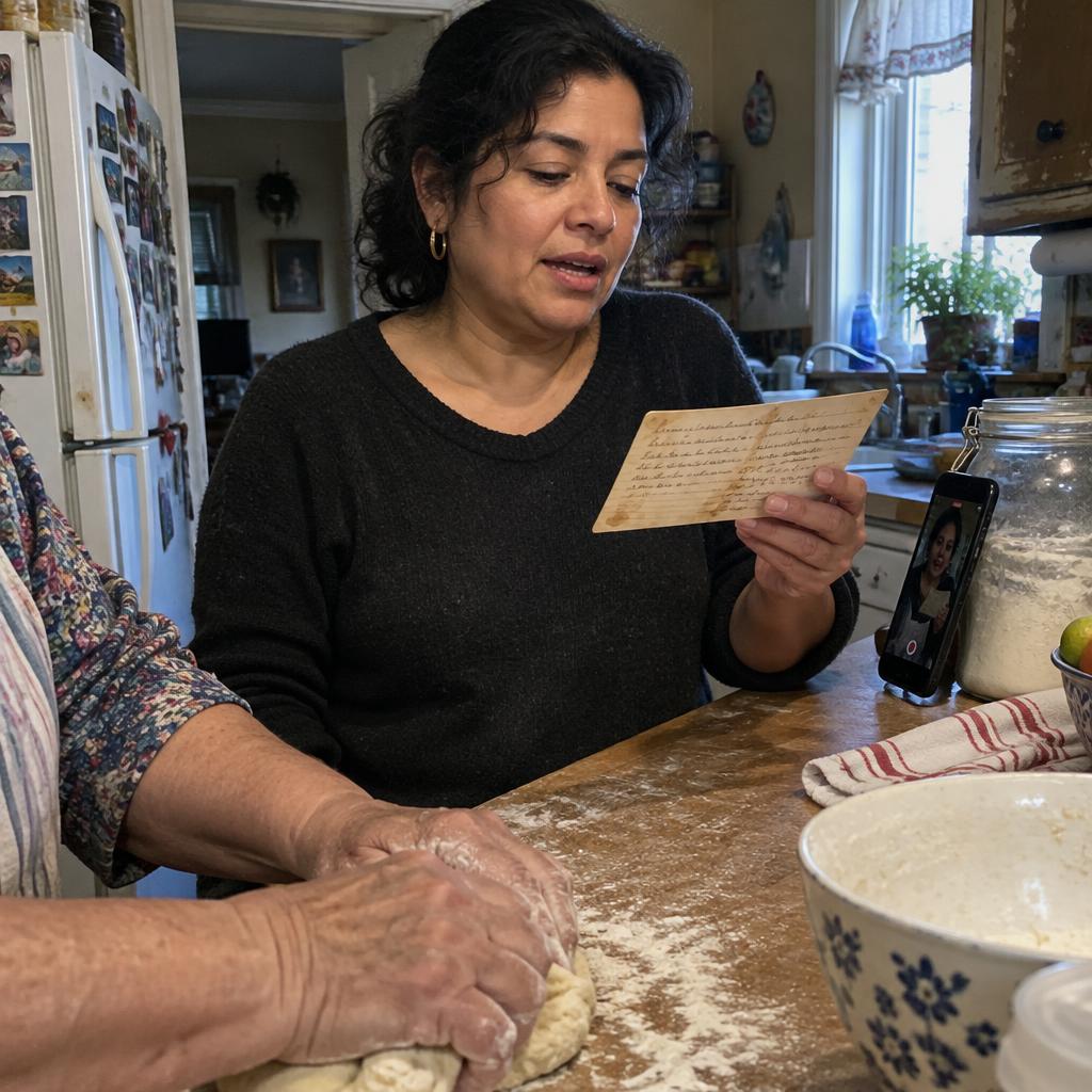 Elena Vasquez guiding a senior through family stories with old photos