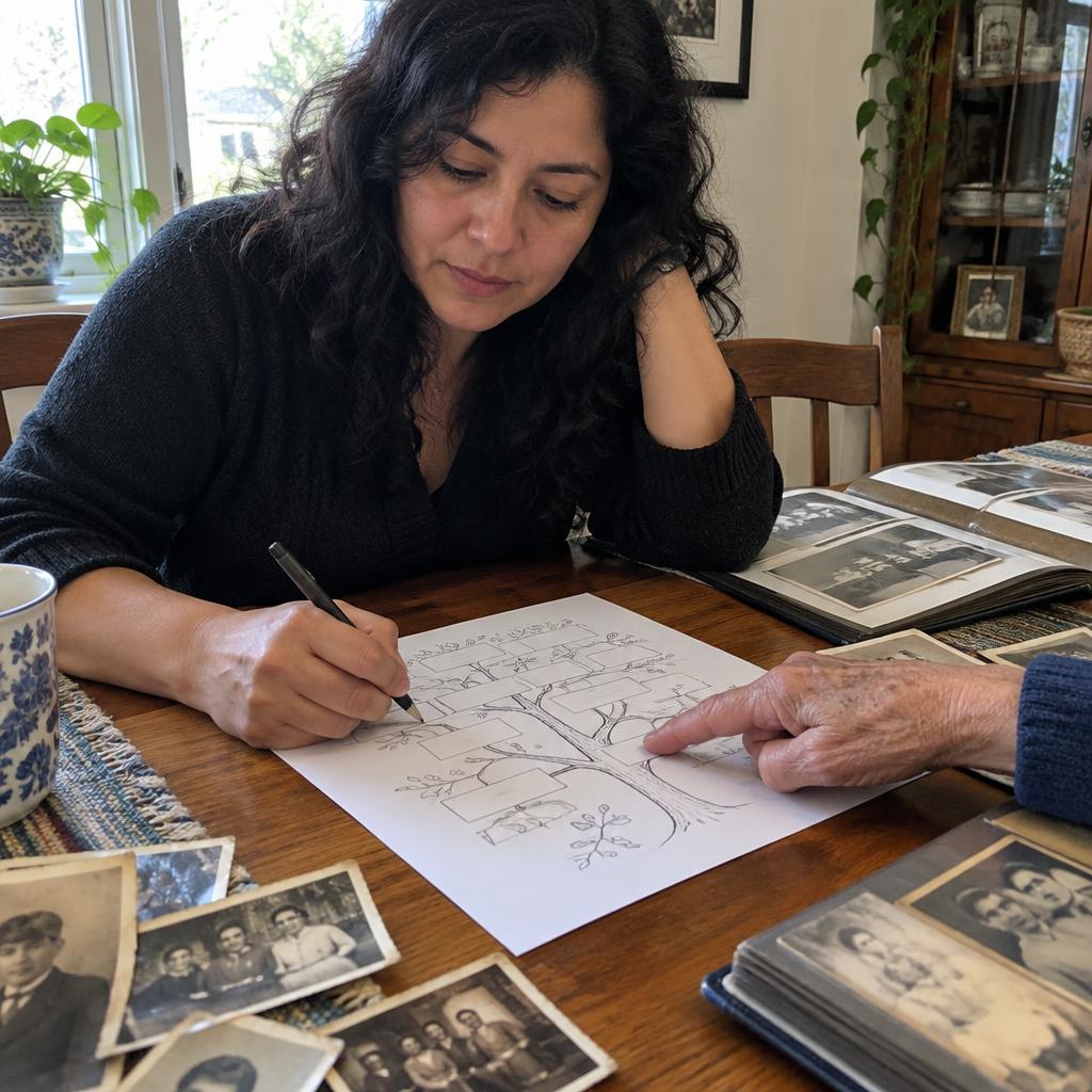 Elena Vasquez taking notes while a senior shares keepsakes during a storytelling visit