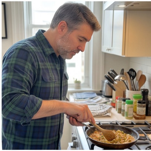 Marcus Nelson demonstrating cooking lessons in a lived-in home, activity photo 2