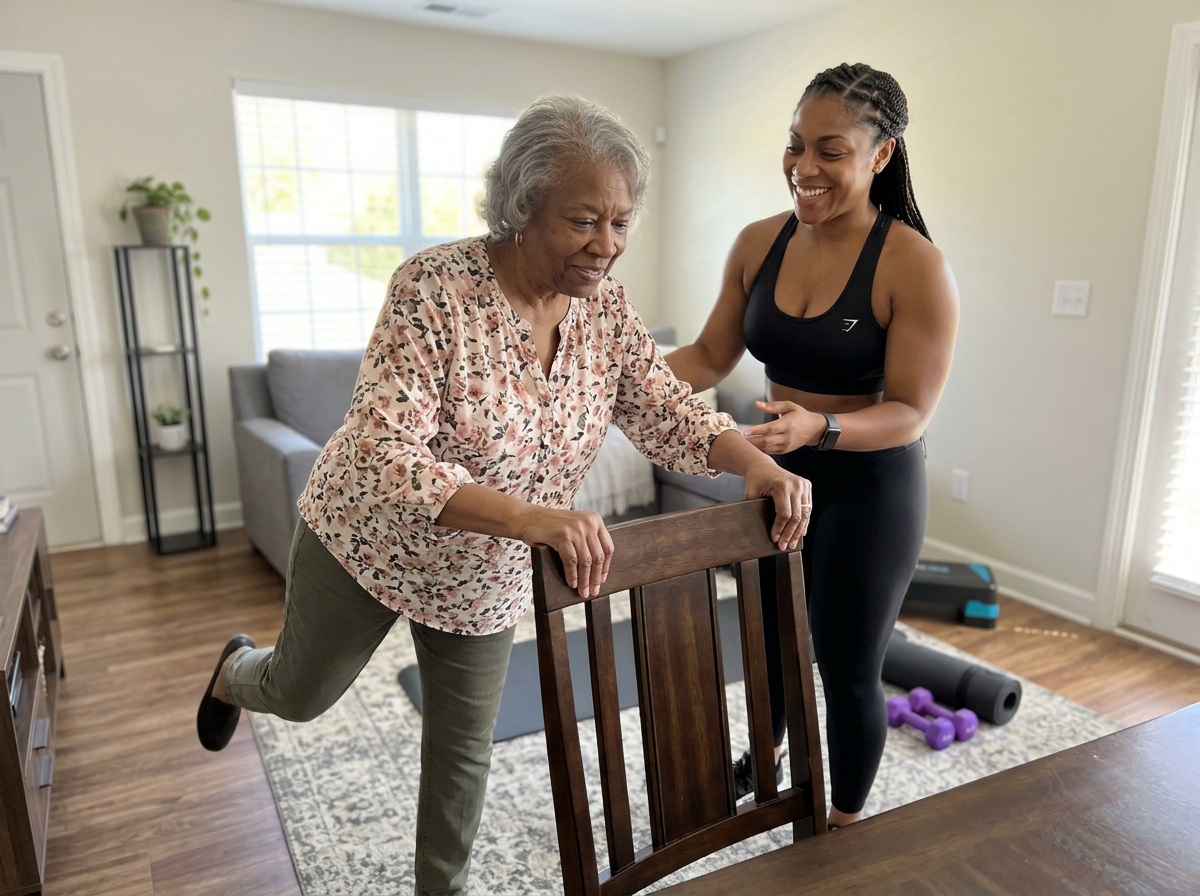 Kayla Brooks guiding an older woman through a balance exercise at a chair