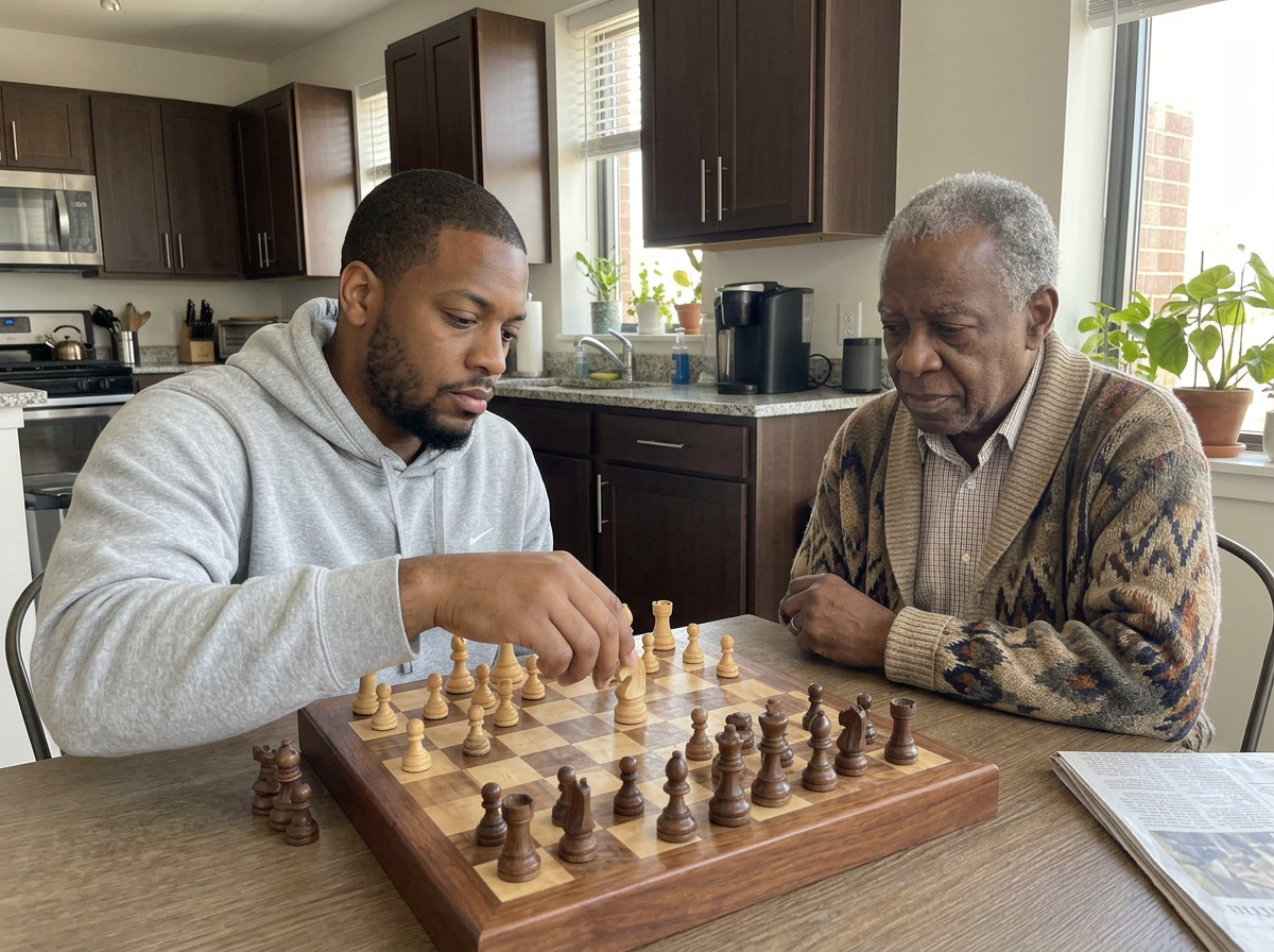 Samuel Okonkwo playing chess with an older man at a kitchen table