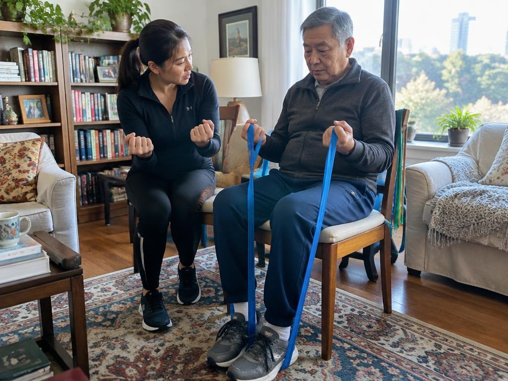 A trainer leading an older man through a seated resistance band exercise in his living room