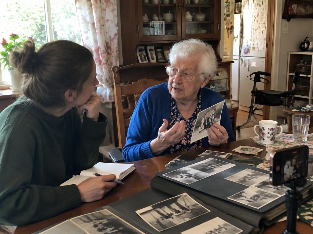 An older adult sharing stories while looking through family photos