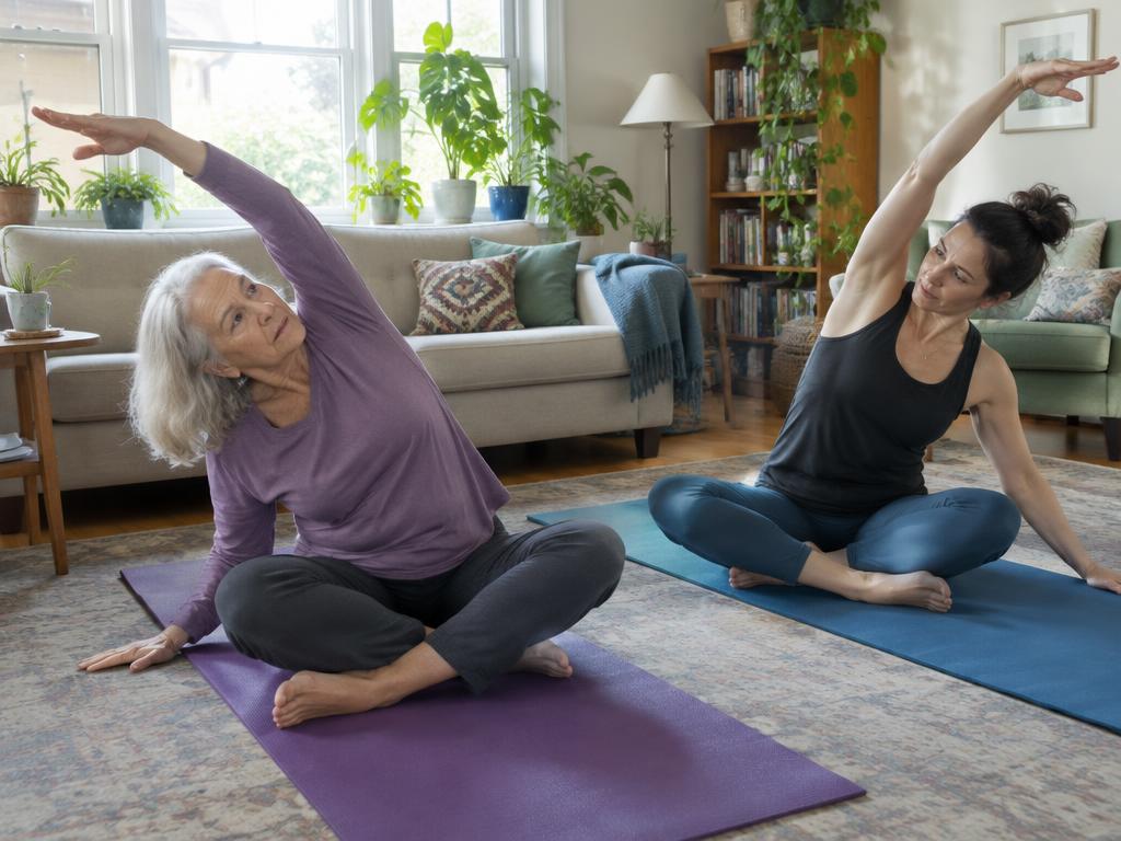 An instructor leading a gentle chair yoga class for older adults