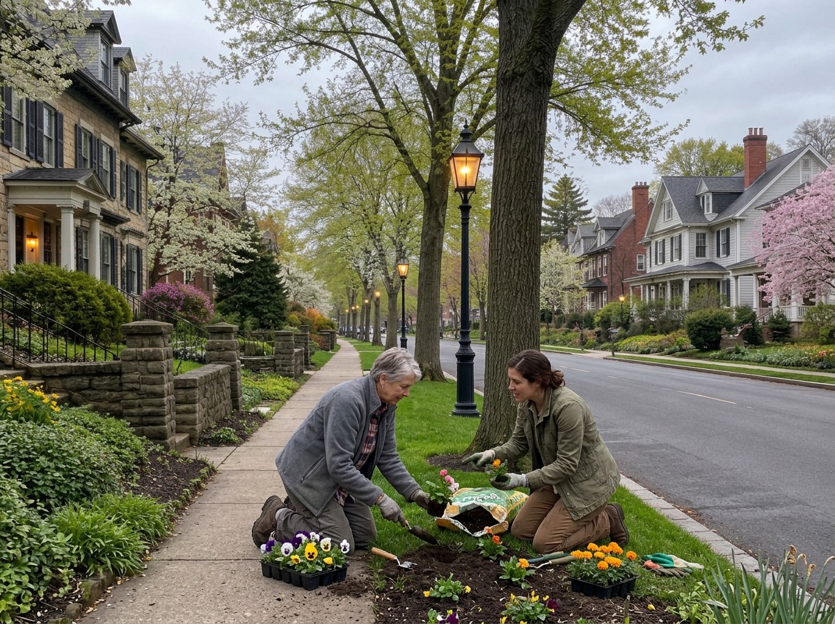 An older adult and gardening teacher planting flowers beside Glen Ridge homes and street lamps