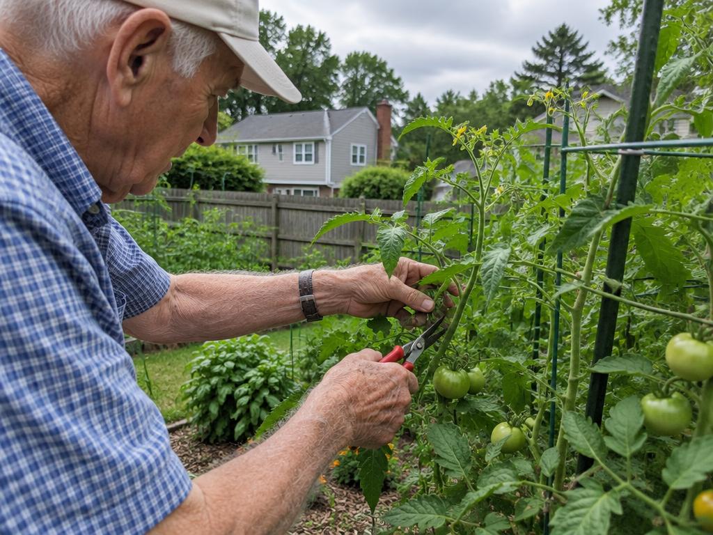 An older man tending tomato plants in a suburban garden