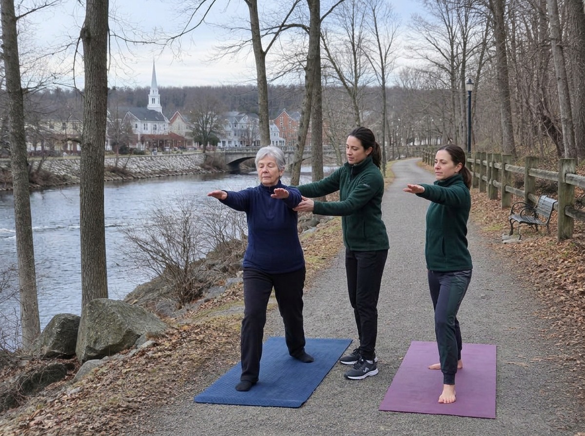 An older adult practicing yoga with a teacher on mats beside a Millburn river path