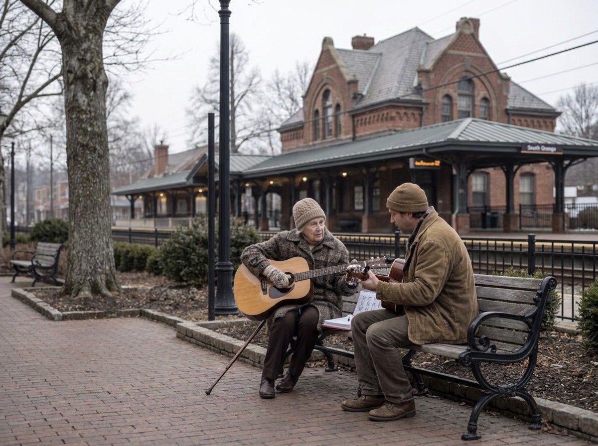An older adult learning guitar on a village bench near the South Orange railway station